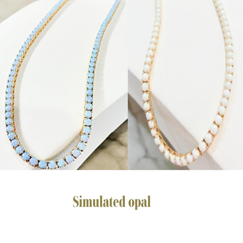 Shimmering Simulated Blue or White Opal Tennis 18K Gold Plated Necklace 16"